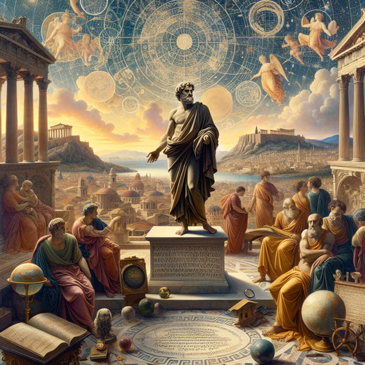 An ancient philosopher in Athens embodying Stoic principles, with celestial and intellectual symbols, set against a grand Athenian landscape.