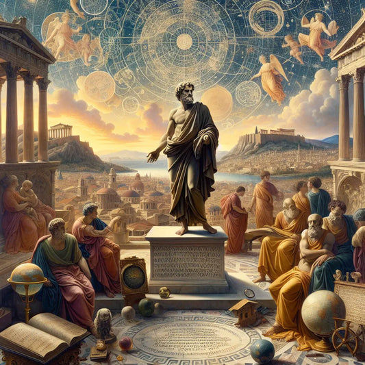 An ancient philosopher in Athens embodying Stoic principles, with celestial and intellectual symbols, set against a grand Athenian landscape.