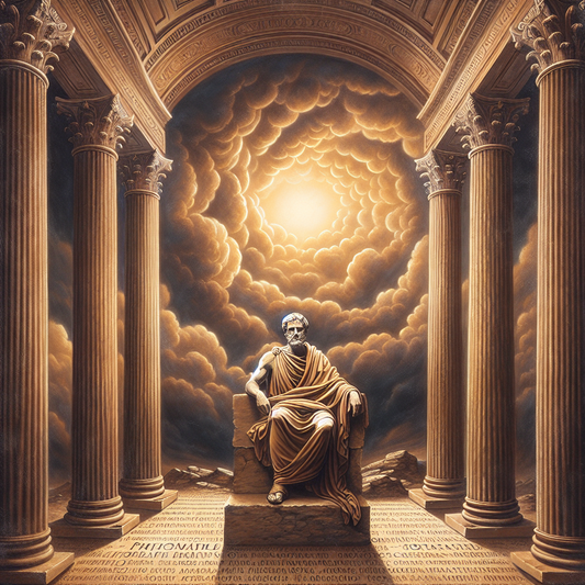 Roman philosopher stands serenely amid a symbolic storm embodying Stoic philosophy's balance in chaos.