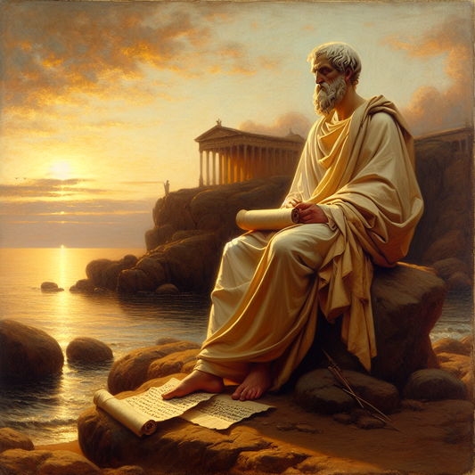 Ancient Stoic philosopher in traditional Roman robes meditating peacefully by a calm sea at sunrise, embodying calm and rational thought.