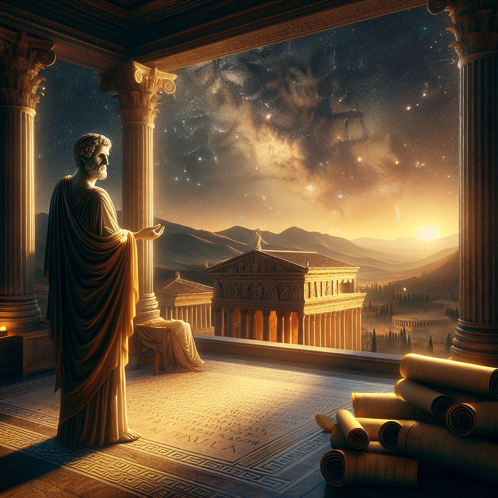 Stoic philosopher on a Roman terrace, gazing at a starry night sky symbolizing the cosmic order, inspired by 1960s historical epic style.