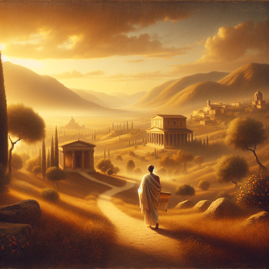 Stoic philosopher walking on a sunlit path in an idyllic landscape, symbolizing enlightenment and peace, inspired by 1960s Roman historical film style.