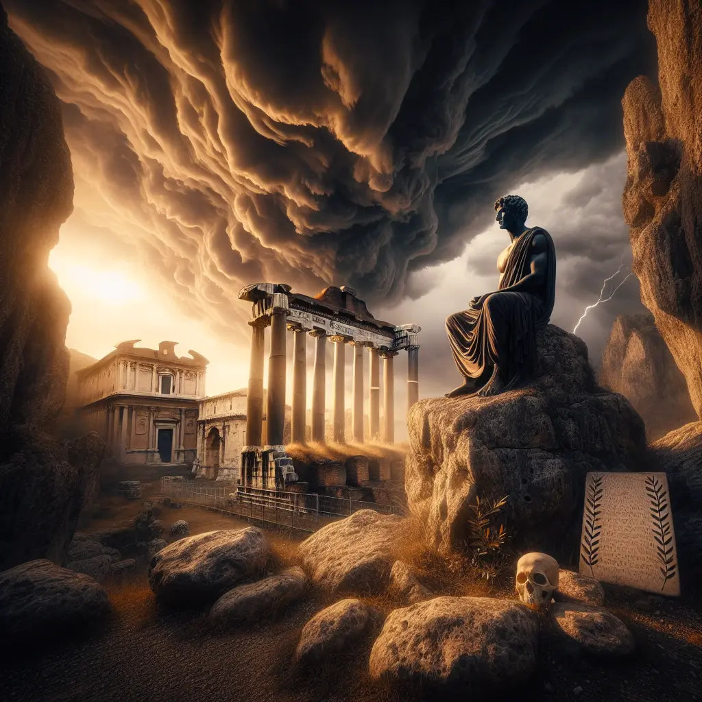 A Roman Stoic philosopher calmly meditating amid a dramatic storm, with classical Stoic symbols like a laurel wreath, scroll, and olive branch subtly placed around him, in a 1960s historical epic painting style.