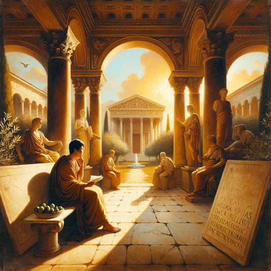 A stoic philosopher calmly meditating in a classical Roman courtyard surrounded by symbols of wisdom and emotional balance, styled like a 1960s historical epic painting.