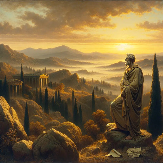Ancient Roman philosopher standing on a mountaintop at dawn, dressed in a toga, symbolizing Stoic wisdom and inner peace with warm morning light and distant Roman temples.