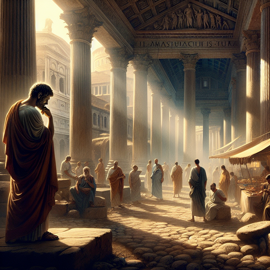 Ancient Roman philosopher contemplating in a bustling Roman Forum, evoking the timelessness of Stoic philosophy, in a style akin to 1960s historical films.