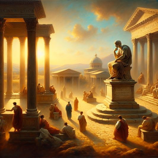 Ancient stone statue of a stoic philosopher in thoughtful reflection within a serene Roman forum, surrounded by classical architecture and peaceful gardens, styled like a 1960s historical epic painting.