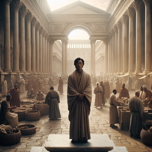 A Stoic philosopher in an ancient Roman marketplace, surrounded by lively trade and interaction, inspired by the style of classic 1960s historical films.