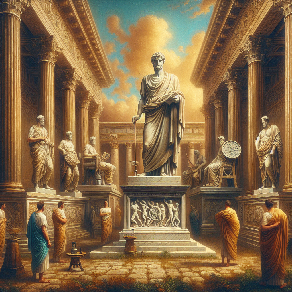 A serene marble statue of an ancient Stoic philosopher in a classical Roman courtyard surrounded by symbolic objects representing the seven Stoic principles, evoking the style of 1960s Roman historical films.