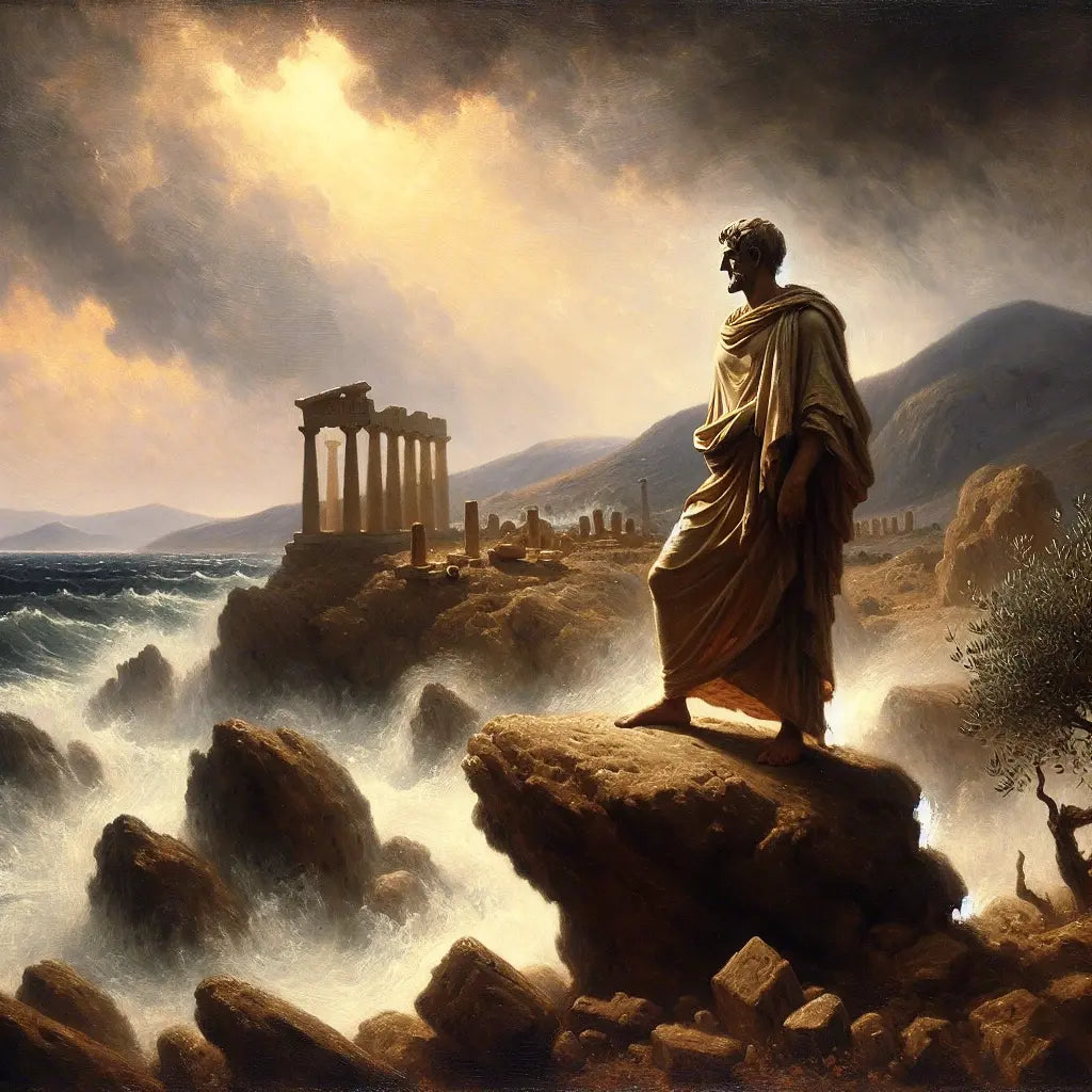 A calm figure in classical robes stands resilient on rocky terrain under stormy skies with ancient Greek temple ruins in the background, inspired by Stoic philosophy and painted in a 1960s epic style.