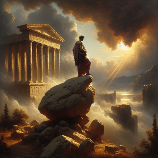 A serene Roman philosopher in a toga stands calmly on a rocky hill amid a stormy landscape with ancient Greek columns and laurel wreath motifs, evoking Stoic resilience in the style of classic 1960s historical cinema.