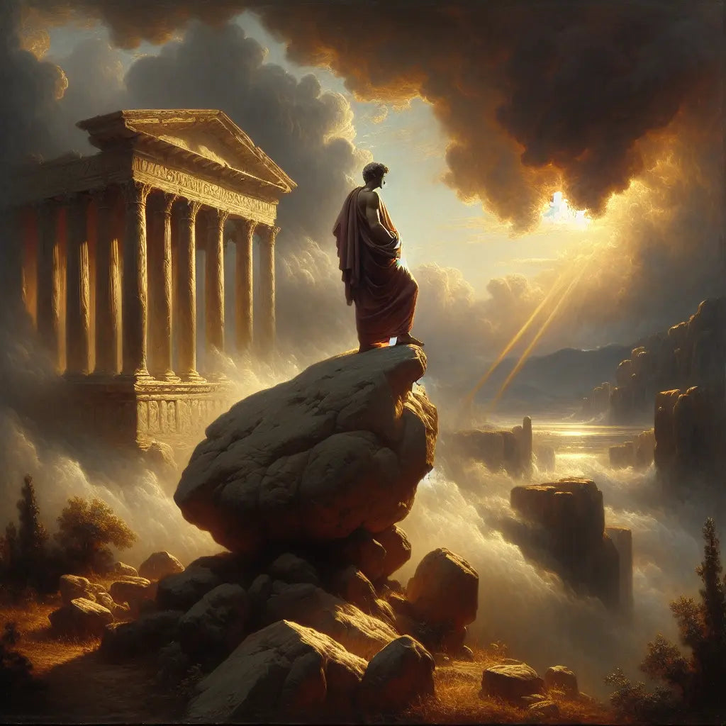 A serene Roman philosopher in a toga stands calmly on a rocky hill amid a stormy landscape with ancient Greek columns and laurel wreath motifs, evoking Stoic resilience in the style of classic 1960s historical cinema.