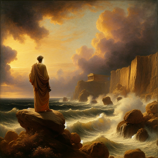 A calm ancient Greek philosopher stands on a cliff overlooking a stormy sea symbolizing Stoic virtues, painted in the style of 1960s historical epics.