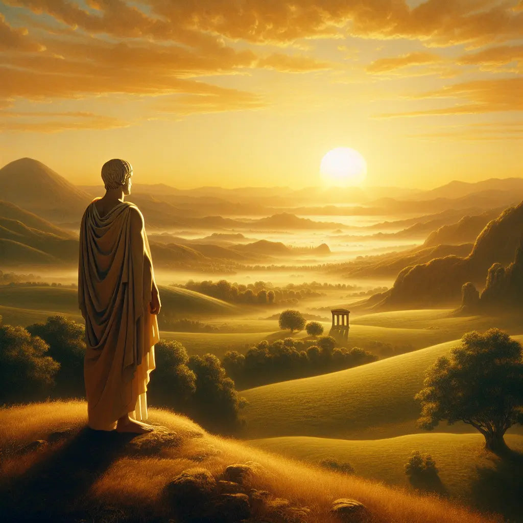 Roman philosopher contemplating a sunrise in a serene landscape, symbolizing Stoic philosophy's focus on nature and perception.