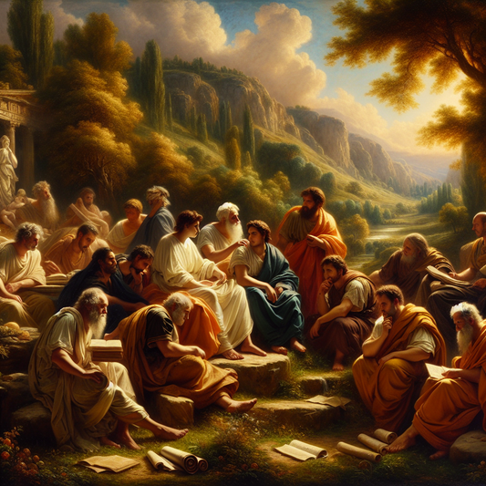 Ancient Stoic philosophers in a lush grove, deeply contemplating in harmony with nature, inspired by 1960s historical films.