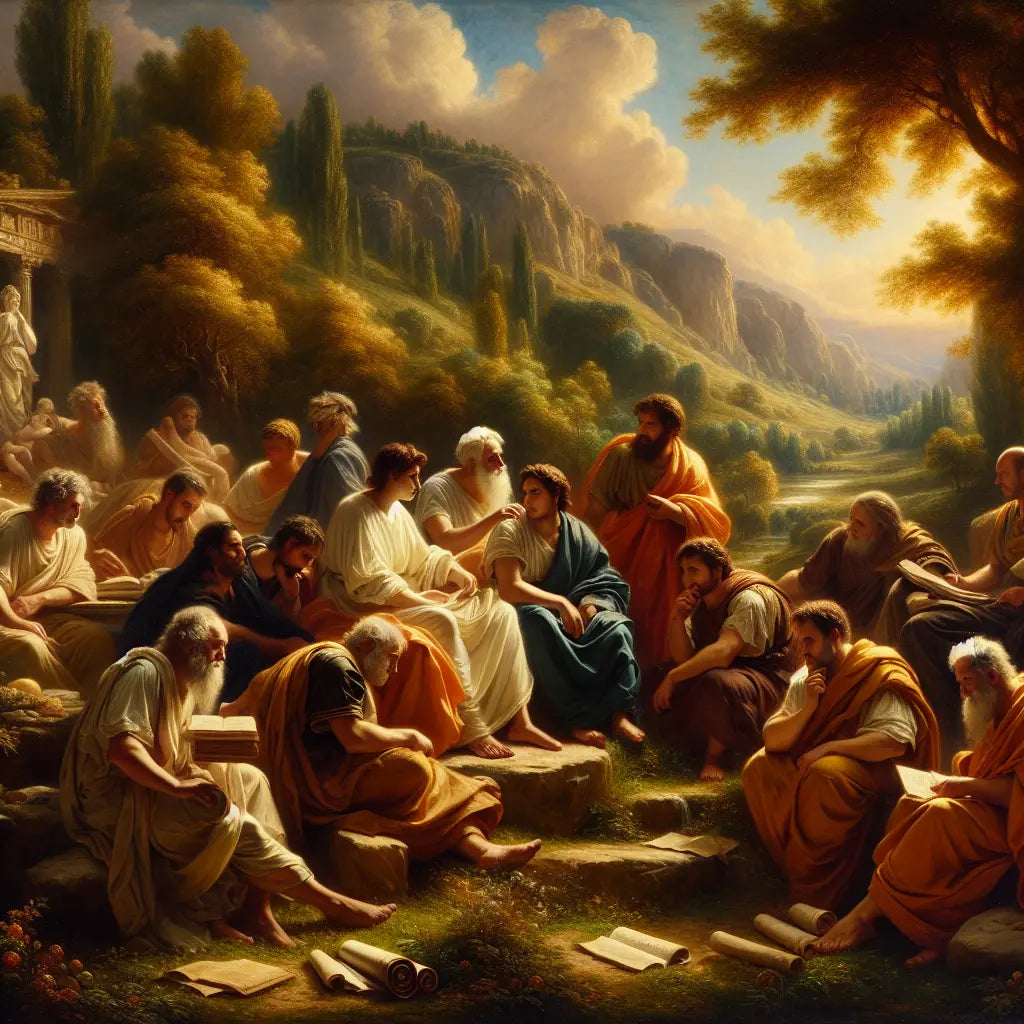 Ancient Stoic philosophers in a lush grove, deeply contemplating in harmony with nature, inspired by 1960s historical films.