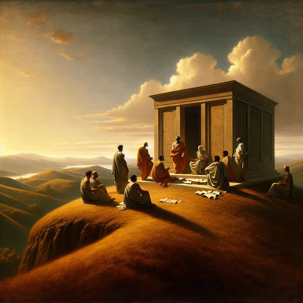 Roman philosophers in togas on a tranquil hilltop, engaged in discussion under a clear blue sky, reflecting Stoic philosophy.