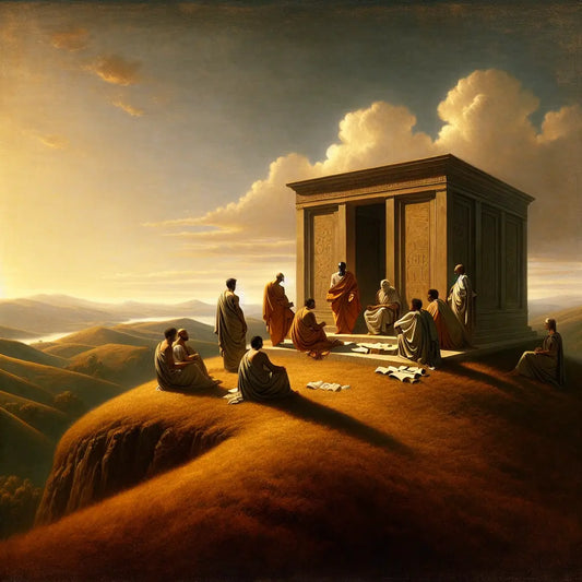Roman philosophers in togas on a tranquil hilltop, engaged in discussion under a clear blue sky, reflecting Stoic philosophy.