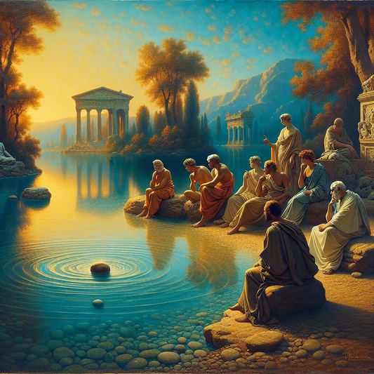 Roman philosophers by a calm lake, observing ripples made by a pebble, symbolizing Stoic calmness and reflection.