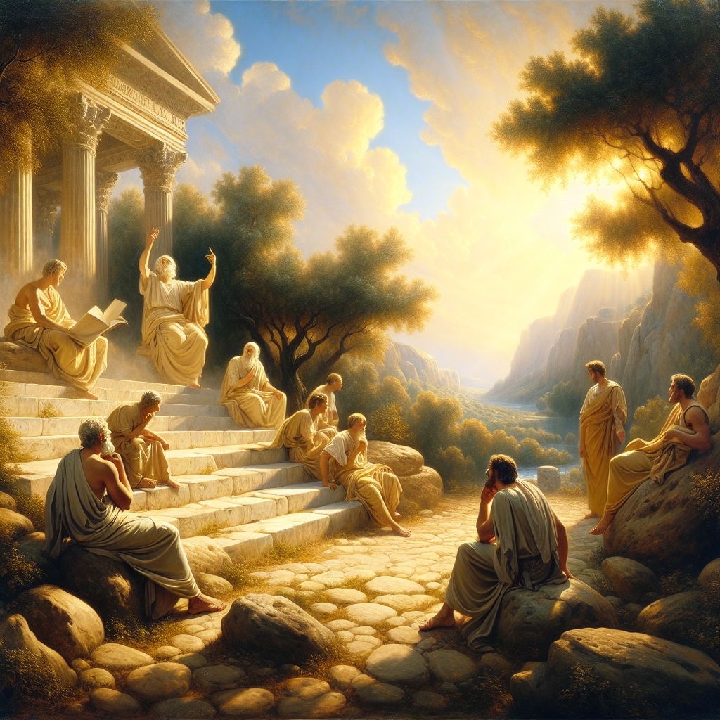 Ancient Stoic philosophers in Roman togas gathered in a peaceful garden with olive trees and marble steps, bathed in warm golden daylight, inspired by classic 1960s historical epic paintings.