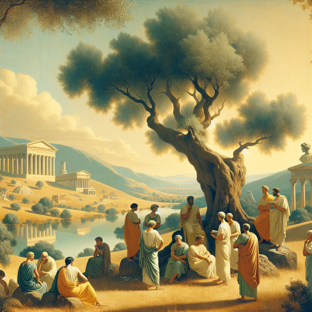 Stoic philosophers discussing under an olive tree, set in a tranquil ancient Roman landscape with harmonious natural elements.