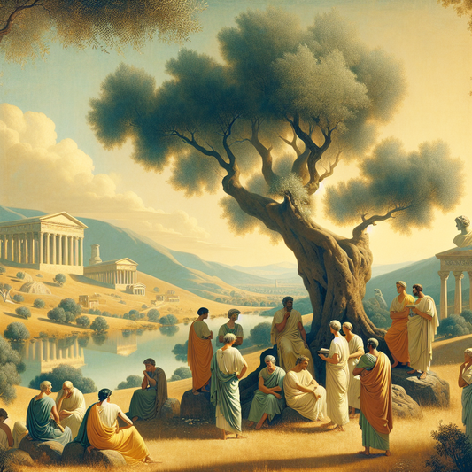 Stoic philosophers discussing under an olive tree, set in a tranquil ancient Roman landscape with harmonious natural elements.