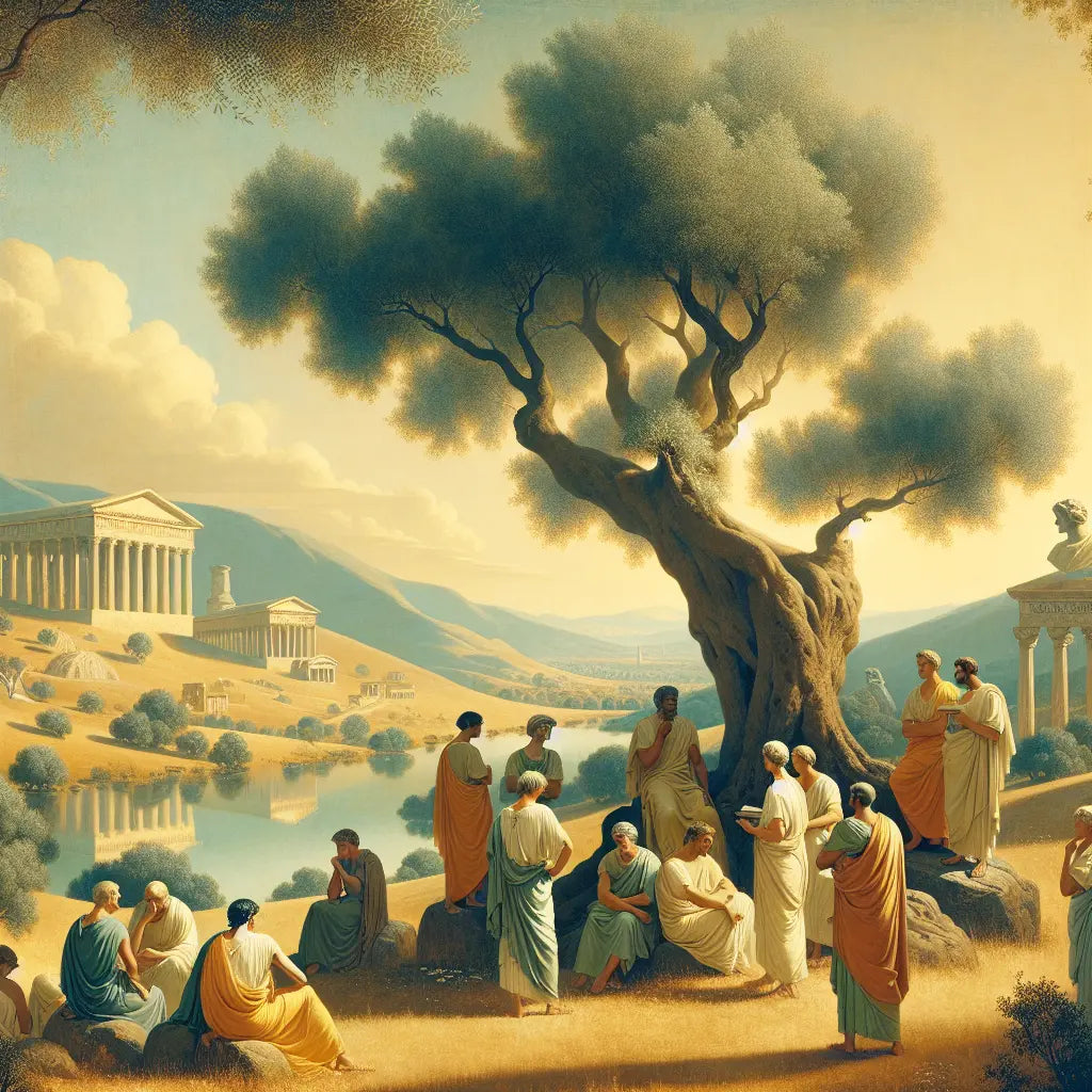 Stoic philosophers discussing under an olive tree, set in a tranquil ancient Roman landscape with harmonious natural elements.