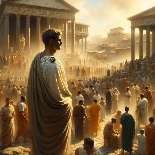 A calm Roman philosopher figure wearing a stoic enamel pin stands serenely in a bustling ancient Roman forum filled with merchants, citizens, and soldiers, embodying inner peace amid chaos in the style of 1960s historical epics.