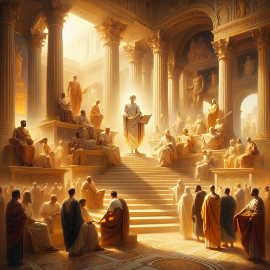 A cinematic painting blending ancient Greek and Roman architecture in a sunlit forum, featuring a Stoic philosopher addressing a group, symbolizing wisdom and justice.