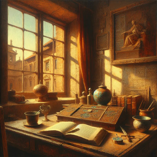 A warm, sunlit study desk with a vintage leather-bound book of Stoic philosophy open, a ceramic cup, and a Seneca enamel pin, evoking ancient wisdom blending with modern life in a cinematic painterly style.