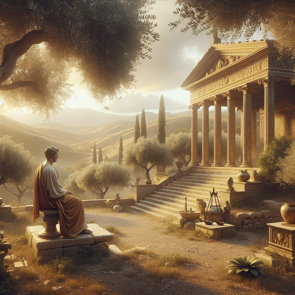 A Roman philosopher in a toga reflects peacefully in a serene garden, surrounded by a laurel wreath and Roman scales symbolizing Stoicism, under warm natural sunlight.
