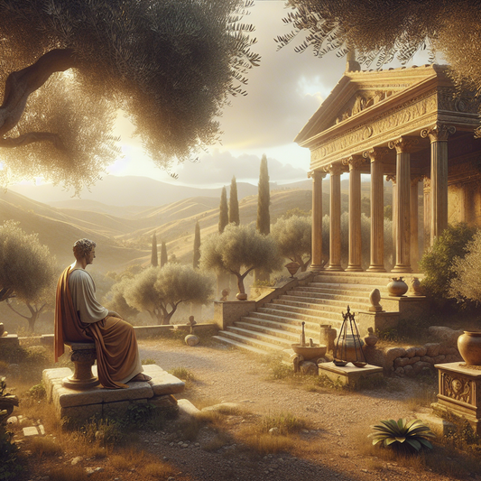 A Roman philosopher in a toga reflects peacefully in a serene garden, surrounded by a laurel wreath and Roman scales symbolizing Stoicism, under warm natural sunlight.