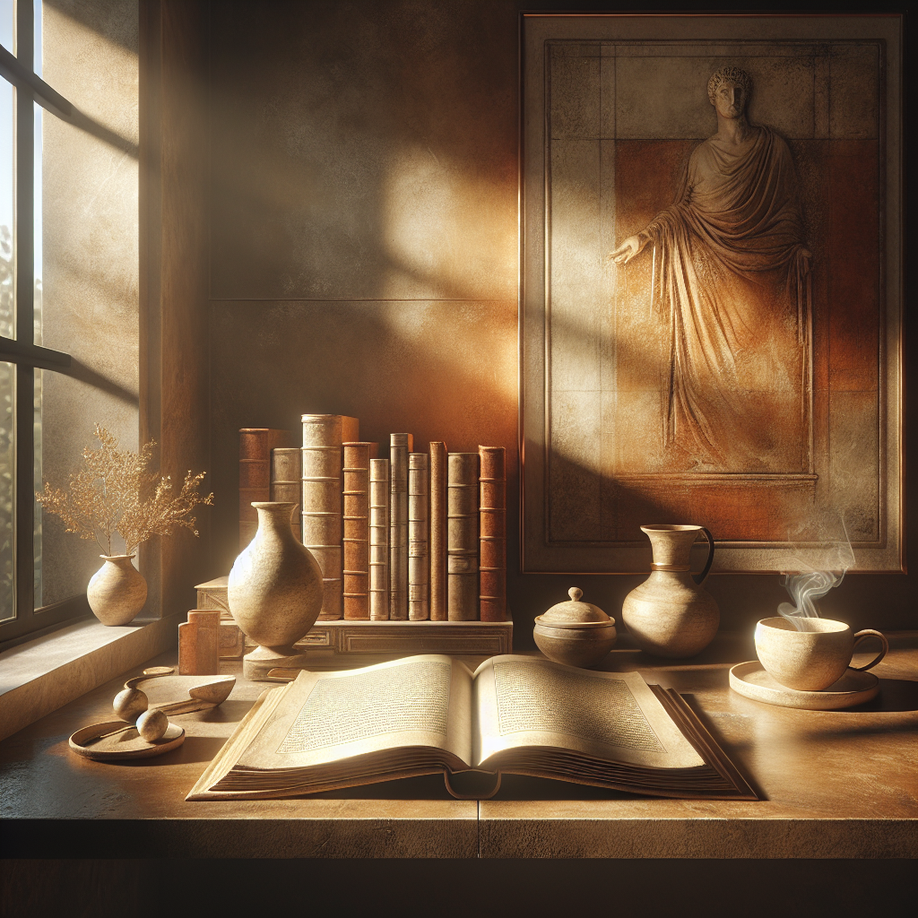 A warm, calm workspace bathed in morning light shows an open book of Marcus Aurelius's Meditations beside a steaming cup of coffee, symbolizing Stoic reflection.
