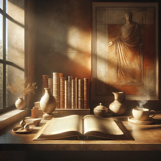 A warm, calm workspace bathed in morning light shows an open book of Marcus Aurelius's Meditations beside a steaming cup of coffee, symbolizing Stoic reflection.
