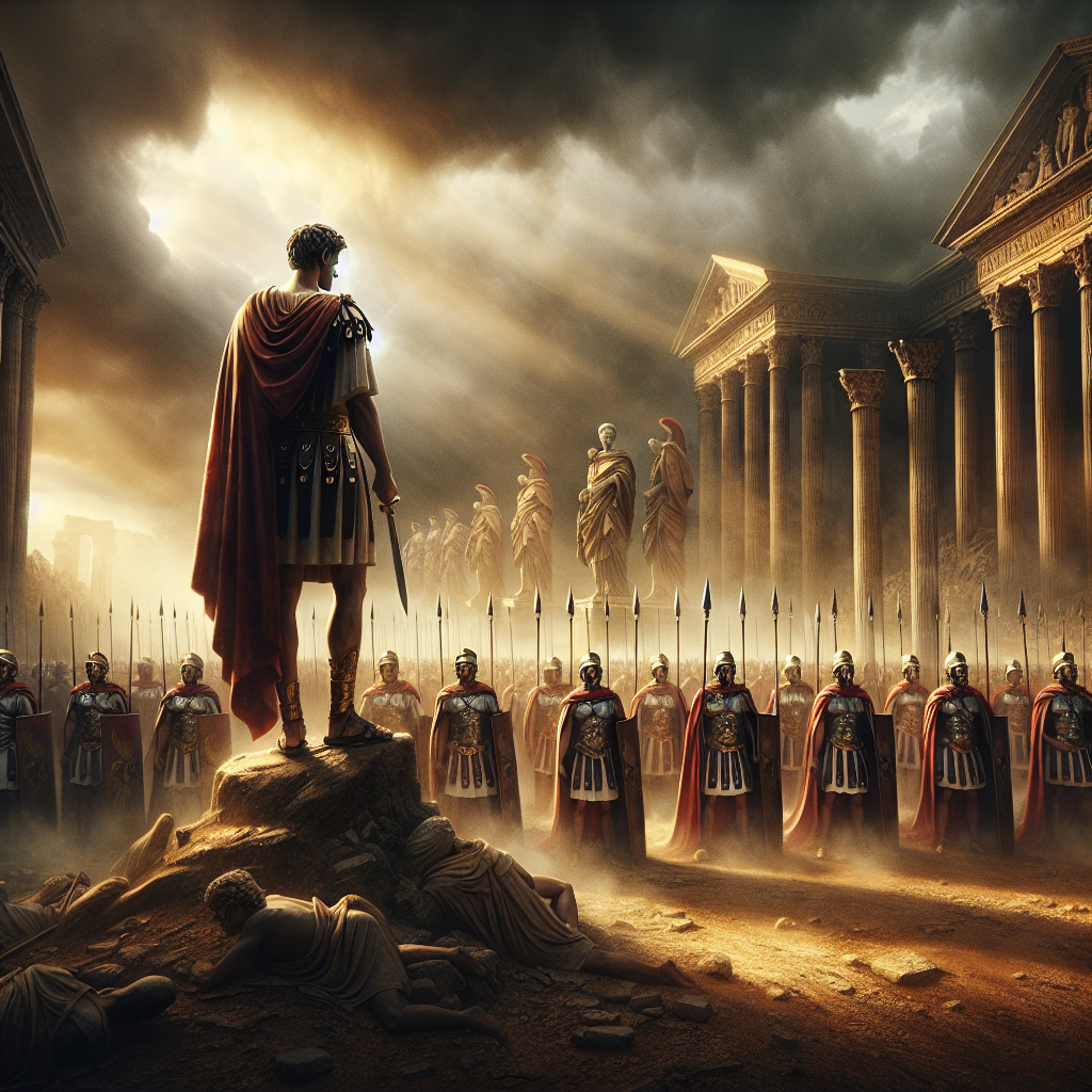 Stoic Roman emperor standing resolutely on a stormy battlefield with disciplined legions behind him and classical Roman architecture under a dramatic stormy sky, painted in a cinematic 1960s historical epic style.