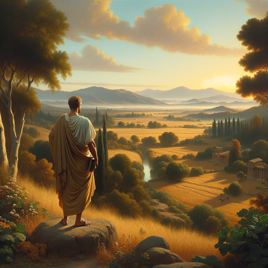 A serene Roman landscape with a philosopher embodying Stoic principles, inspired by 1960s historical film art style.