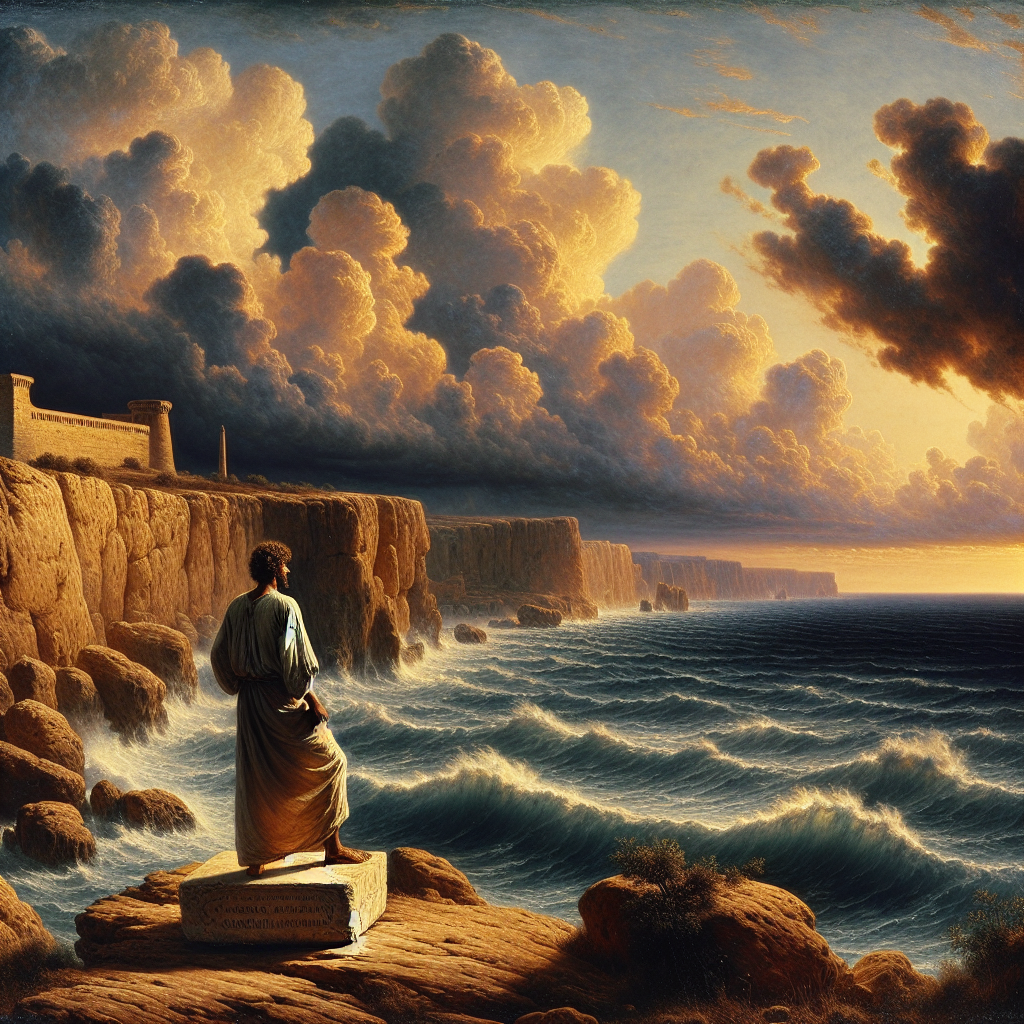 A stoic Roman philosopher in a toga stands on rocky cliffs overlooking calm deep ocean waters under a dramatic stormy sky, emblematic of emotional resilience and wisdom, painted in a 1960s historical epic style.