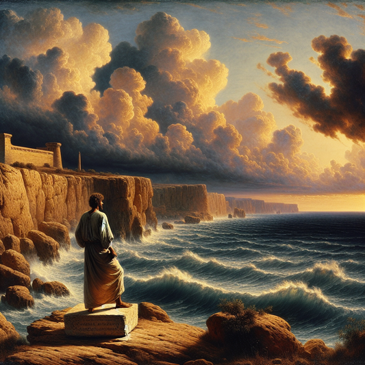 A stoic Roman philosopher in a toga stands on rocky cliffs overlooking calm deep ocean waters under a dramatic stormy sky, emblematic of emotional resilience and wisdom, painted in a 1960s historical epic style.