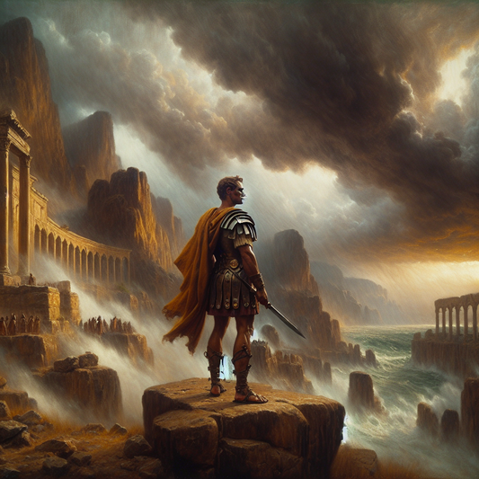 A serene stoic Roman warrior stands alone calm and strong amid a stormy scene with swirling clouds and ancient ruins, depicted in the cinematic style of 1960s historical epics.
