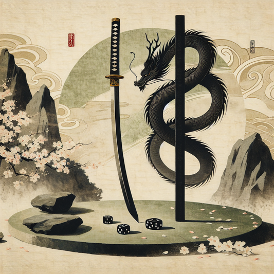 A minimalist traditional Japanese image with a samurai sword and elegant dragon surrounded by cherry blossom petals in soft light, symbolizing calm and stoic philosophy inspired by gambling themes.