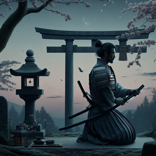 A calm samurai in traditional armor holding a katana, surrounded by soft cherry blossom petals and an ancient temple gate at twilight — minimalist and serene Japanese-inspired scene.