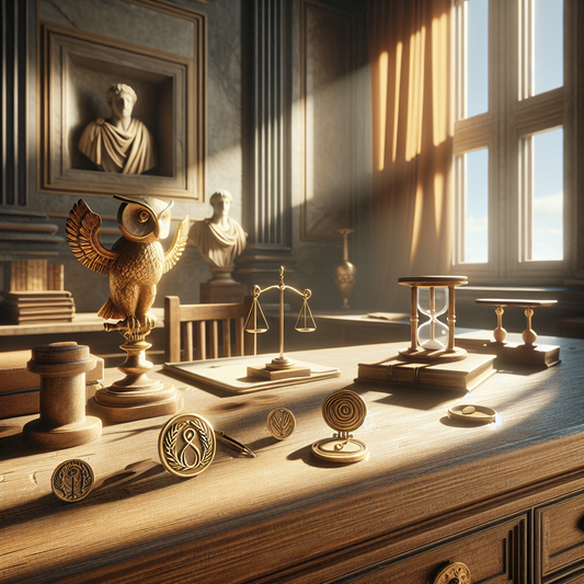 A serene wooden desk under natural light featuring minimalist Stoic-themed Roman jewelry: a laurel wreath pin, an owl-shaped pendant, and an hourglass enamel pin, styled in a classical Roman study setting.
