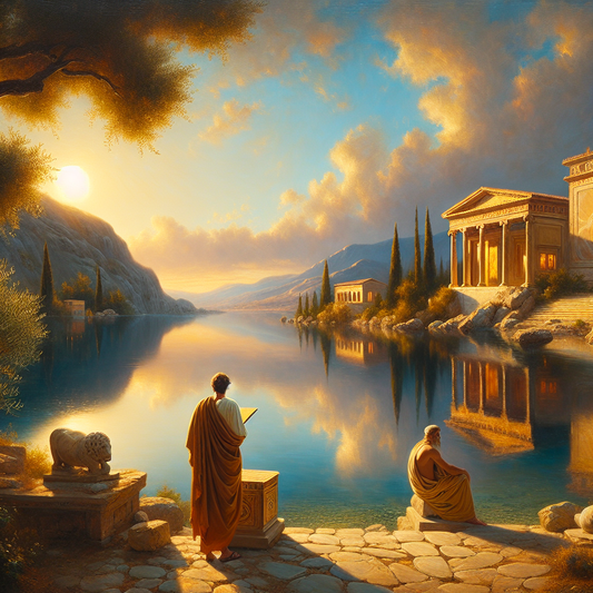 A serene ancient Roman lake scene with a calm reflective surface, a philosopher in toga holding a scroll near marble columns, symbolizing Stoic tranquility and inner peace.