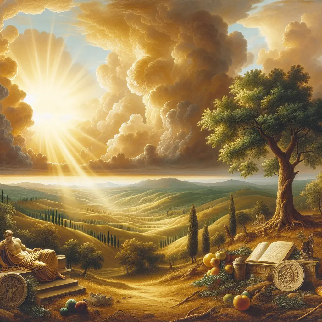 Lone tree symbolizing Stoic calmness amidst a gentle storm in a Roman-style epic painting.