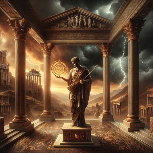A strong Roman figure stands calmly amid a storm holding a glowing compass symbolizing the four Stoic virtues, captured in a cinematic 1960s historical art style.