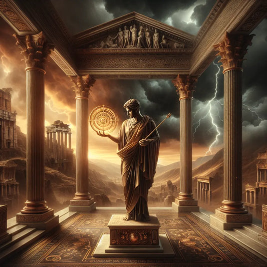 A strong Roman figure stands calmly amid a storm holding a glowing compass symbolizing the four Stoic virtues, captured in a cinematic 1960s historical art style.