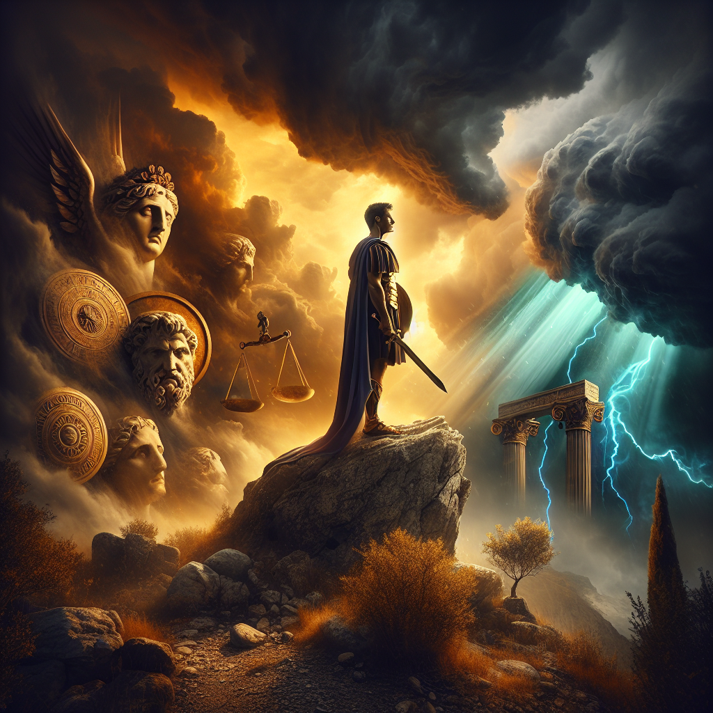 A stoic Roman warrior standing calm amidst a storm, embodying the four cardinal Stoic virtues with ancient symbolism, painted in the style of 1960s historical epics.