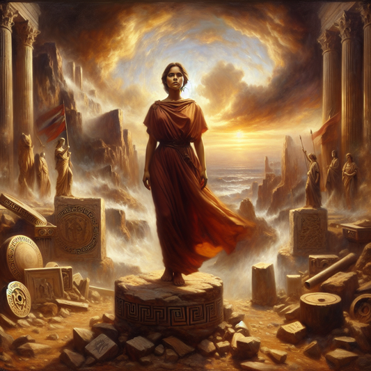 A serene Roman woman stands calm and composed on rocky terrain amid a chaotic storm with dramatic clouds and ancient Greek symbols carved into stone ruins in the background, in the style of 1960s historical epic film paintings.