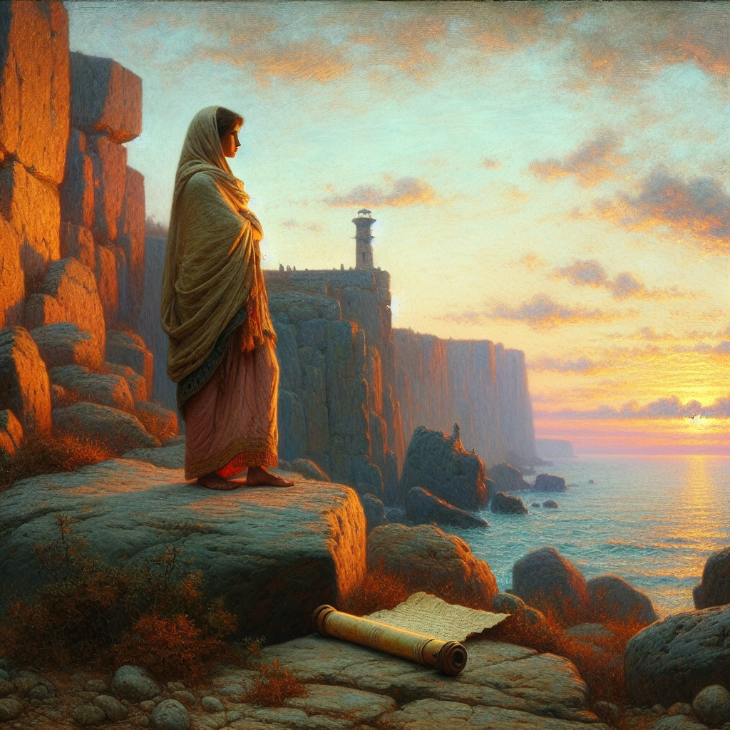 A serene Roman woman in traditional stola standing on a rocky Mediterranean coastline at sunrise, embodying Stoic philosophy with calm resilience and wisdom.