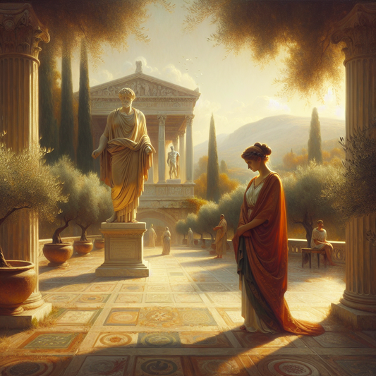 Serene Roman woman standing calmly in a villa garden with a marble statue of a Stoic philosopher in the background, bathed in warm daylight.